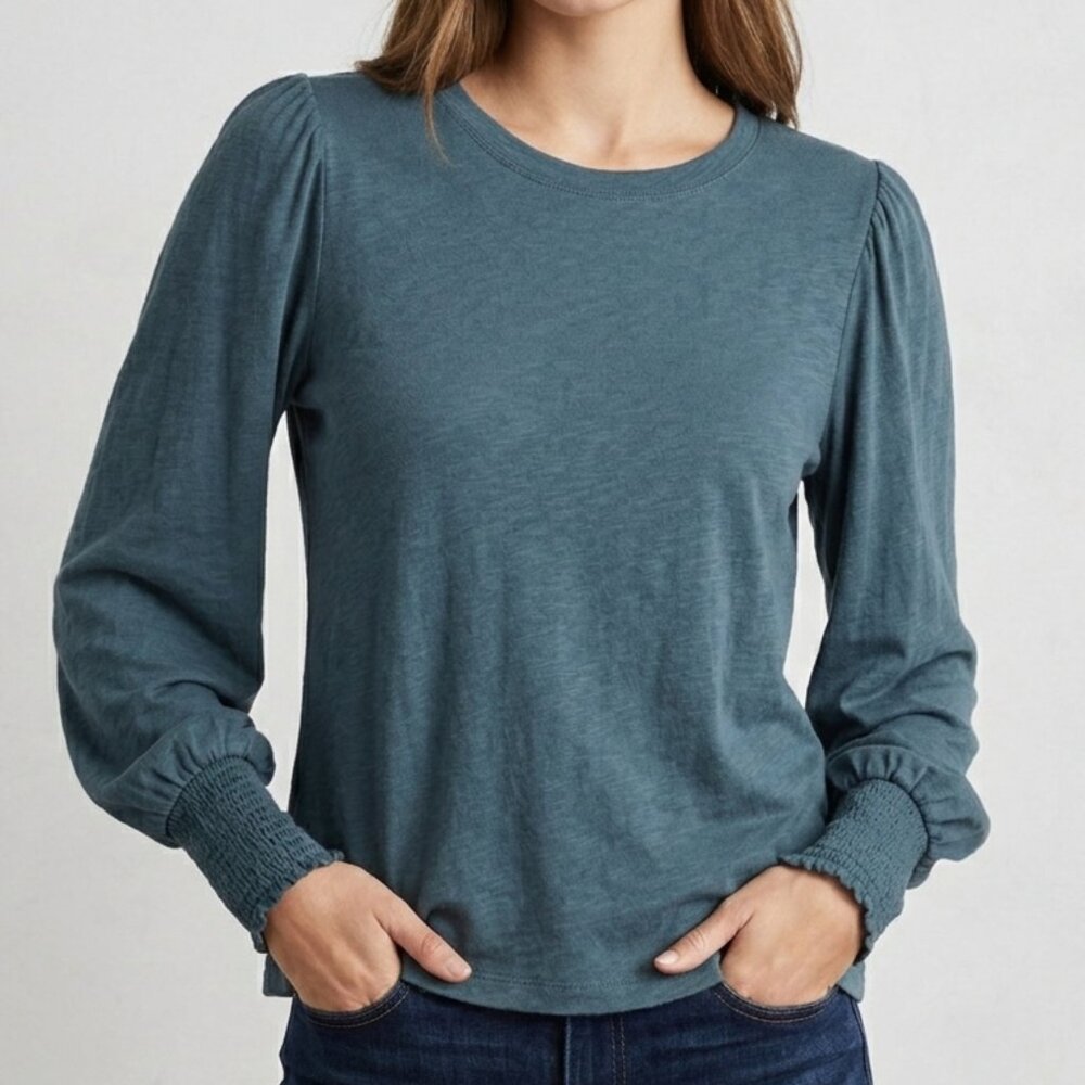 Puff Sleeve Z Supply Dusty Blue Rebel Brushed Slub Smocked Top XS Extra Small